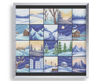 20 Tiny Cross Stitch Winter landscapes Set , Mini Cross Christmas Nature Bundle , Small Easy Snow Patterns , River Patterns for Beginners