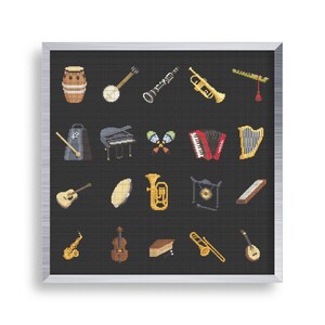 20 muziekinstrumenten kruissteek mini-patroonset, kleine kruissteek gitaar, klein drumsteekpatroon, piano kruissteektag