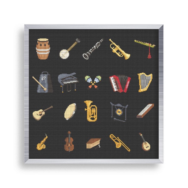 20 Musical Instruments Cross Stitch Mini Pattern Set , Tiny Cross Stitch Guitar , Small Drum Stitch Pattern , Piano Cross Stitch Tag