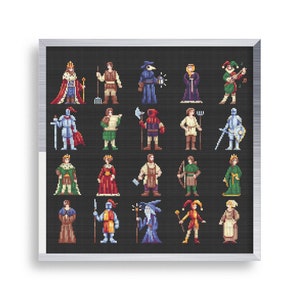 May include: A black and white pixel art illustration of 20 different medieval characters, including a king, queen, knight, jester, and wizard. The characters are arranged in a grid pattern on a black background.