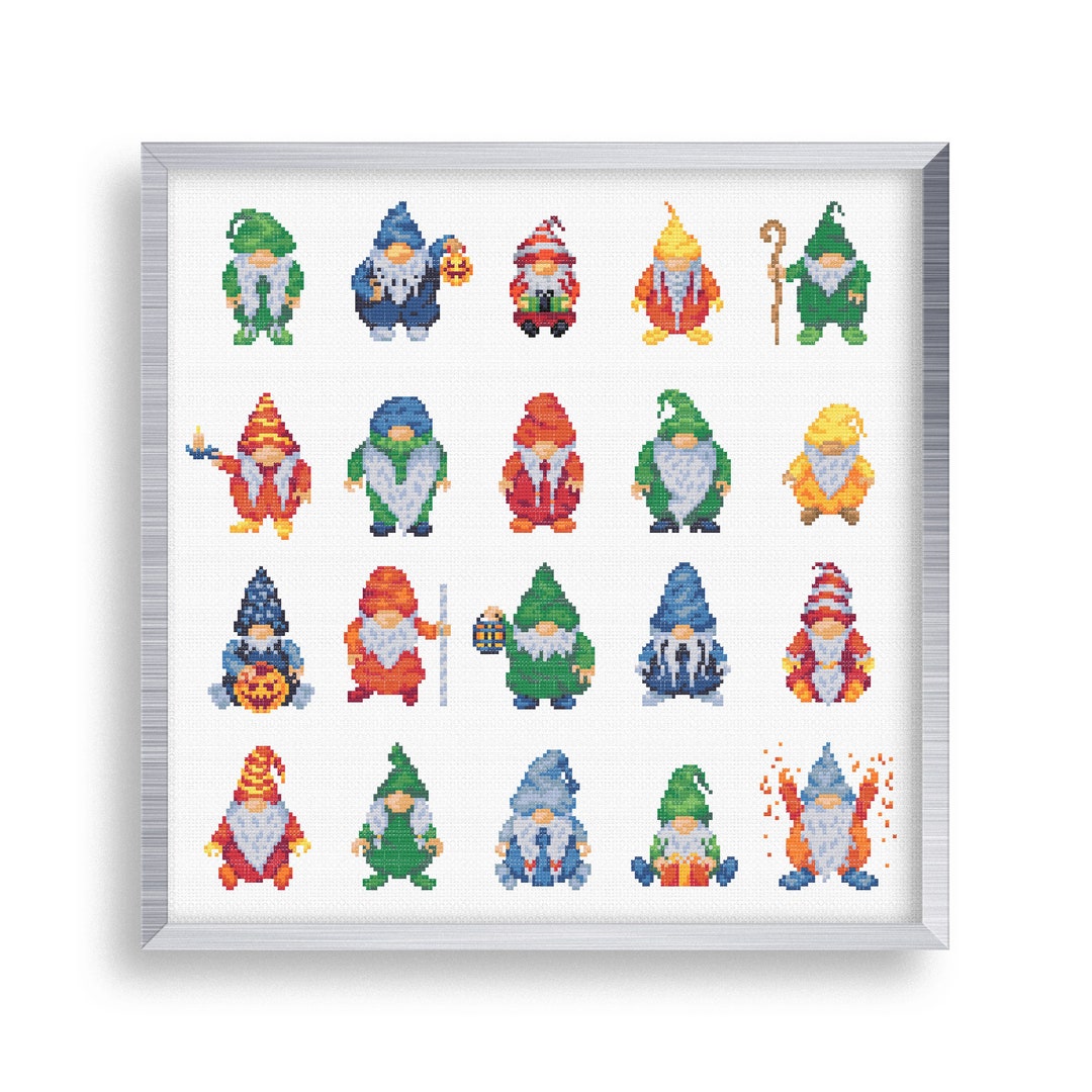 20 Tiny Cross Stitch Gnome Set , Mini Cross Stitch Halloween Gnome