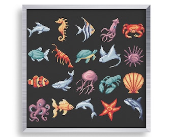 20 Tiny Cross Stitch Sea Animals Set , Mini Cross Stitch Octopus , Small Easy Jellyfish , Ocean Seahorse Cross Stitch , Whale Dolphin Stitch