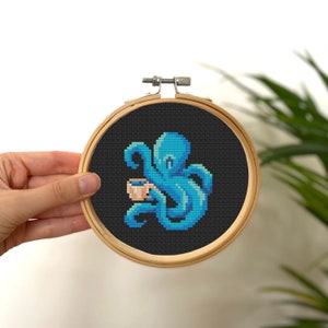 Tiny Cross Stitch Octopus Drinking Pattern , Funny Cross Stitch Pattern , Mini Cross Stitch Sea Animal , Small Easy Pattern