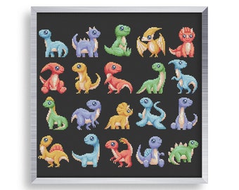 20 Baby Dinos Cross Stitch Mini Pattern Set , Tiny Cross Stitch Dinosaur , Small Ornament Stitch Pattern , Small Cross Stitch Tag