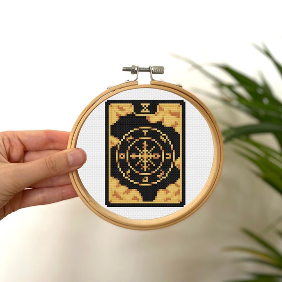 Wheel of Fortune Tiny Cross Stitch Tarot Card , Mini Golden Tarot