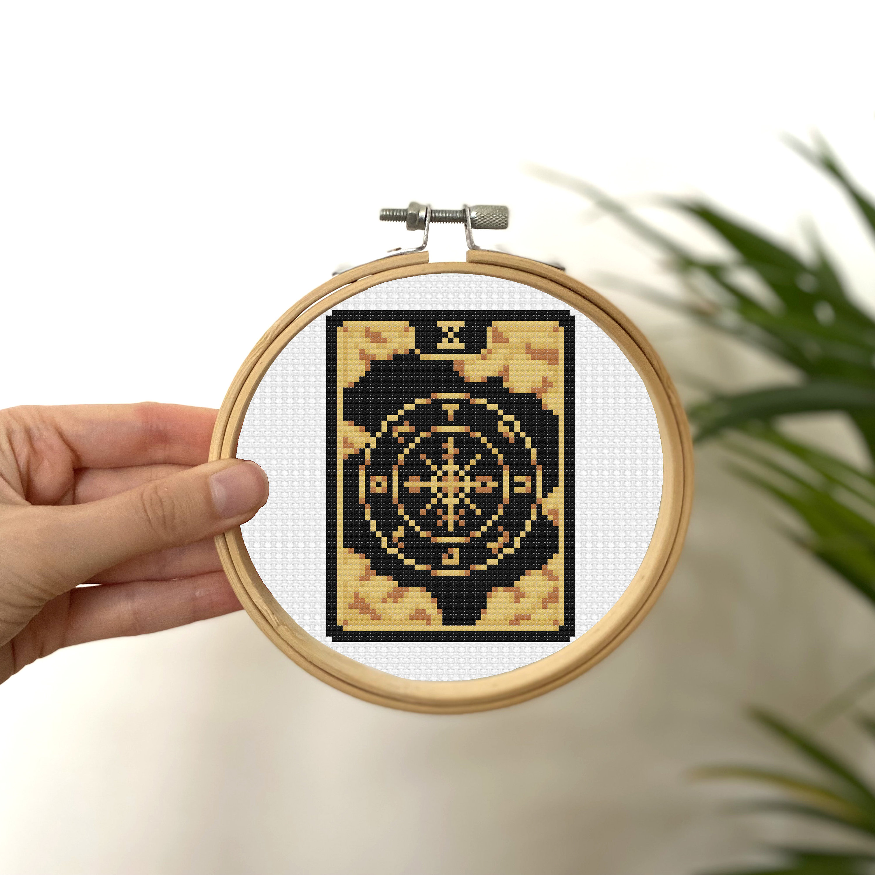 Wheel of Fortune Tiny Cross Stitch Tarot Card , Mini Golden Tarot