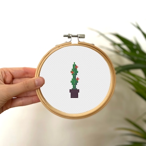 Könnte beinhalten: Kreuzstich-Stickerei eines grünen Kaktus mit roten Akzenten in einem dunkelvioletten Topf. Das Design ist in einem hölzernen Stickrahmen eingefasst. Der Hintergrund ist weiß, mit einem Hauch von grüner Pflanze in der Ecke.