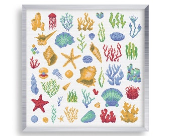 47 Tiny Cross Stitch Seashells , Mini Cross Stitch Corals, Small Easy Ocean Animals Embrodiery Pattern , Simple Cross Stitch Pearl