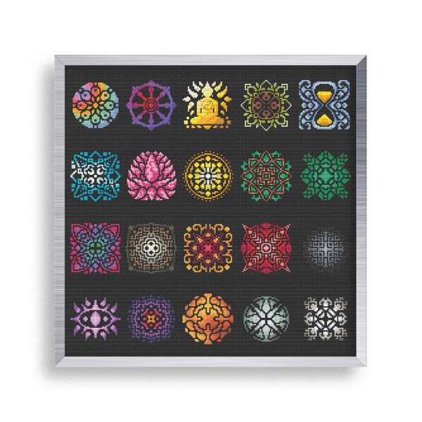 20 Tiny Cross Stitch Mandala Set , Mini Cross Stitch Buddha Bundle , Small Easy Lotus Stitch Pattern , Colorful Cross Stitch Tag