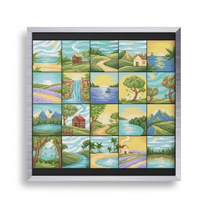 May include: A framed cross-stitch design featuring 16 different scenes of nature, including houses, trees, rivers, and mountains. The scenes are arranged in a grid pattern and are all in a pixelated style.