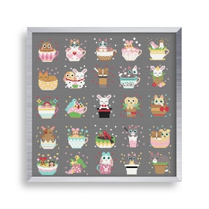 25 Cross Stitch Mini Animals in a Cup Pattern Set , Tiny Cross Stitch Cats , Small Dogs Stitch Pattern , Easter Bunnies Cross Stitch Tag