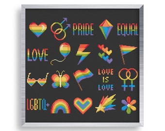20 Pride Cross Stitch Mini Pattern Set , Tiny Cross Stitch LGBTIQA  Pattern, Rainbow Love Star Cross Stitch Bundle