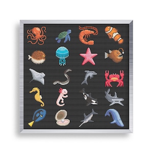20 Tiny Cross Stitch Sea Animals Set , Mini Cross Stitch Octopus , Small Easy Jellyfish , Ocean Seahorse Cross Stitch , Whale Dolphin Stitch