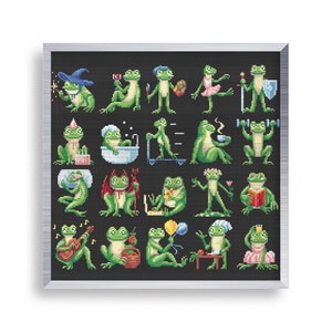 May include: A black and white cross-stitch pattern featuring 24 different green frogs in various poses and activities. The frogs are wearing hats, playing instruments, exercising, and enjoying other activities.