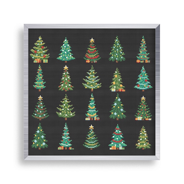 20 Tiny Cross Stitch Christmas Trees Set , Mini Star Cross Stitch Ornaments , Small Easy Sampler , Simple Cross Stitch Gift