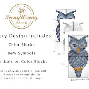 May include: A cross-stitch pattern for an owl with a blue and gray color scheme. The pattern includes color blocks, black and white symbols, and symbols on color blocks. The pattern is labeled with DMC thread colors.