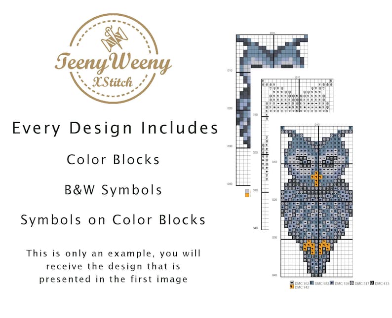 May include: A cross-stitch pattern for an owl with a blue and gray color scheme. The pattern includes color blocks, black and white symbols, and symbols on color blocks. The pattern is labeled with DMC thread colors.