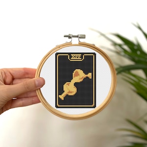 Temperance Tiny Cross Stitch Tarot Card, Mini Golden Tarot Card Stitch, Klein Easy Stitch Patroon, Gouden Tarot Card Patroon