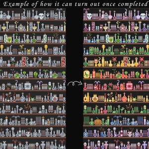 May include: A pixel art image of a potion shop with shelves full of colorful potions, bottles, and other magical items. The image is divided into two sections, showing the shop before and after it is completed. The shop is decorated with skulls, pumpkins, and other Halloween-themed items.