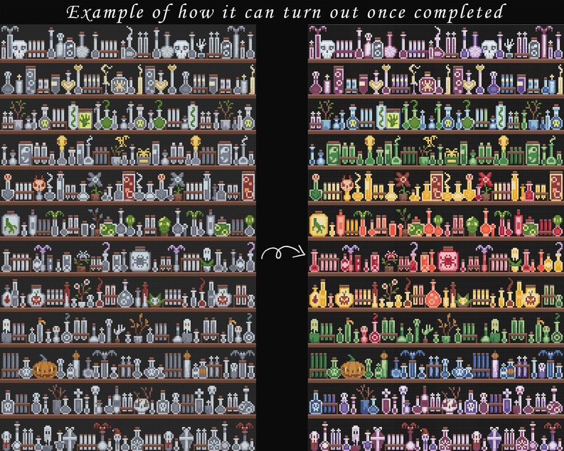 May include: A pixel art image of a potion shop with shelves full of colorful potions, bottles, and other magical items. The image is divided into two sections, showing the shop before and after it is completed. The shop is decorated with skulls, pumpkins, and other Halloween-themed items.