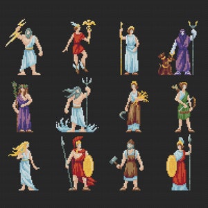 May include: A set of 12 pixel art illustrations of Greek gods and goddesses. The illustrations are in a cartoon style and feature various colors, including blue, red, green, yellow, and purple. Each illustration depicts a different god or goddess with their associated attributes, such as Zeus with a lightning bolt, Poseidon with a trident, and Athena with an owl.
