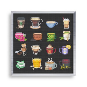 16 Tiny Cross Stitch Coffee and Tea Set , Mini Cross Stitch Drinks Bundle , Small Easy Beverage Stitch Pattern , Dessert Cross Stitch