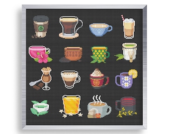 May include: A black and white cross-stitch pattern featuring 16 different types of coffee and tea drinks. The drinks are arranged in a grid pattern and include a variety of colors and designs.