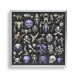 43 små korsstygnsskelett, minikorsstygns-Halloweenskallar, små enkla broderimönster för kroppsdelar, enkelt korsstygn i goth-stil