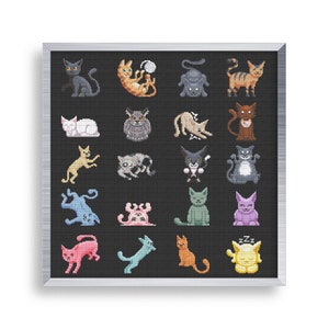 Puede incluir: Una ilustración enmarcada de 20 gatos pixelados diferentes en varias poses y colores. Los gatos están todos en un patrón de cuadrícula sobre un fondo negro.
