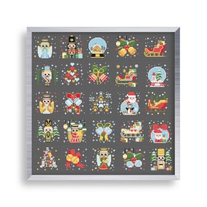 Puede incluir: Un patrón de punto de cruz enmarcado con 25 iconos navideños diferentes. Los iconos incluyen un muñeco de nieve, un pingüino, un árbol de Navidad, una media, una campana, un bastón de caramelo, un hombre de jengibre, un reno, un Papá Noel y un ángel. Los iconos están todos en un estilo pixelado.