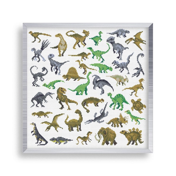 38 Tiny Cross Stitch Dinosaurs, Mini Cross Stitch Dinos, Small Animals Embrodiery Nursery Pattern , Simple Easy Cross Stitch Kids