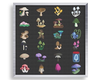 May include: A framed illustration of 30 different types of mushrooms, each with unique colors, shapes, and textures. The mushrooms are arranged in a grid pattern on a black background.