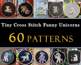 60 Tiny Cross Stitch Funny Unicorns Set , Cute Mini Cross Stitch Fantasy Pattern Bundle , Small Miniature Easy Cross Stitch Pattern
