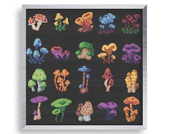 May include: A framed cross-stitch design featuring 20 different colorful mushroom illustrations. The mushrooms are arranged in a grid pattern on a black background.