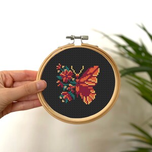 Red Flower Butterfly Tiny Cross Stitch Pattern , Mini Cross Stitch Insect , Small Easy Bug Pattern , Simple Cross Stitch Floral Pattern