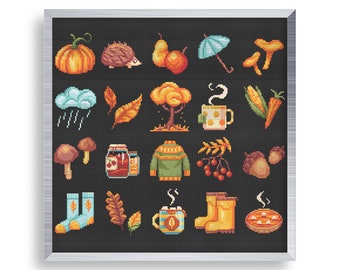 20 Tiny Cross Stitch Cute Fall Elements Set , Mini Cross Autumn Stitch Bundle , Small Easy Fall Leaves Patterns , Patterns for Beginners