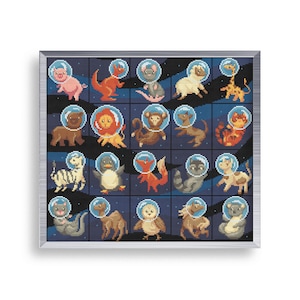 May include: A colourful cross-stitch pattern featuring various animals wearing astronaut helmets and floating in space. The animals include a pig, kangaroo, monkey, lion, zebra, penguin, fox, raccoon, cow, cat, camel, owl, and koala.