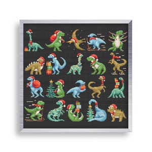 May include: A cross-stitch pattern featuring 20 different dinosaurs wearing Santa hats and holding Christmas-themed items, such as presents, trees, and candy canes. The dinosaurs are all in a festive mood and are ready to celebrate the holidays.
