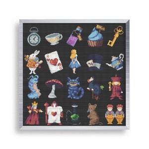 20 Tiny Cross Stitch Alice in Wonderland , Mini Cross Stitch Fairy Tail , Drink Me Potion Pattern , Simple Cross Stitch Mad Hatter