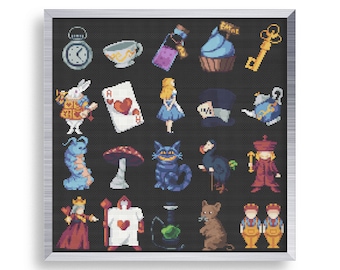 20 Tiny Cross Stitch Alice in Wonderland , Mini Cross Stitch Fairy Tail , Drink Me Potion Pattern , Simple Cross Stitch Mad Hatter