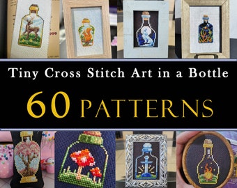 60 Tiny Art In a Bottle Cross Stitch Pattern Set , Mini Cross Stitch Patterns For Cards Bundle , Small Mushroom Flowers Patterns