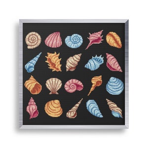 May include: A framed cross-stitch featuring a collection of colorful seashells on a black background. The shells vary in shape, size, and color, including pink, blue, orange, and cream. The frame is silver.