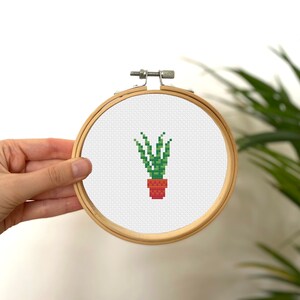 May include: A cross-stitch embroidery of a potted snake plant in a wooden embroidery hoop.