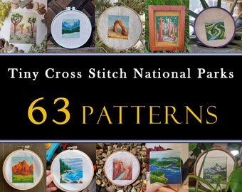 63 Tiny USA National Parks Cross Stitch Pattern Set , Mini Cross Stitch Nature Bundle , Small Arche Stitch Pattern , American Cross Stitch
