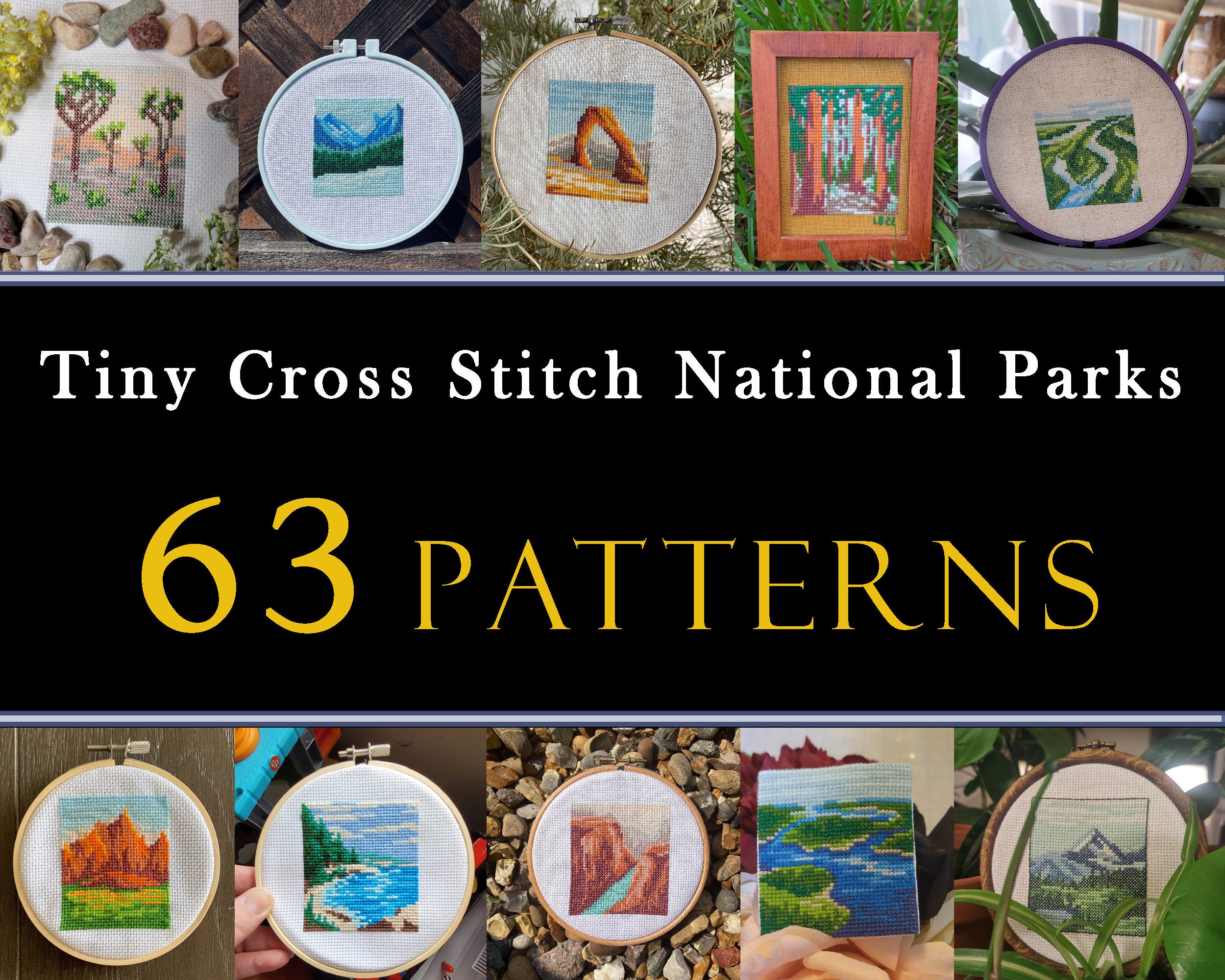 63 Tiny USA National Parks Cross Stitch Pattern Set , Mini Cross