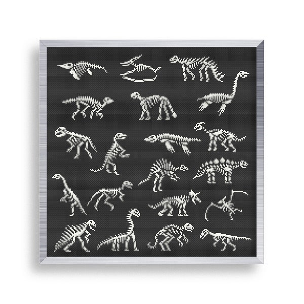 20 Tiny Cross Stitch Dino Skeleton Set , Mini Cross Stitch Halloween Mega Bundle , Small Easy Dinosaur Stitch Pattern , Goth Cross Stitch