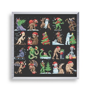 Peut inclure: Une broderie au point de croix encadrée représentant diverses créatures mythiques, chacune portant un bonnet de Père Noël et participant à des activités de Noël. L'image comprend le Yéti, le Monstre du Loch Ness, sur fond noir avec de la neige.