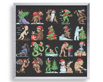 20 Christmas Cross Stitch Mini Cryptid Pattern Set , Tiny Cross Stitch Yeti Bigfoot, Small Nessie Ornament , Mothman Cross Stitch Jackalope