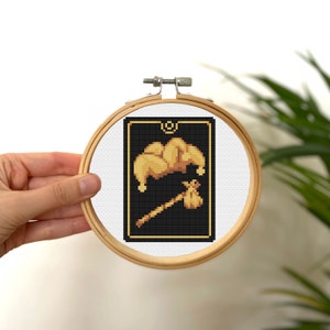 De dwaas Tiny Cross Stitch Tarot Card, Mini Golden Tarot Card Stitch, Klein Easy Stitch Patroon, Gouden Tarot Card Patroon