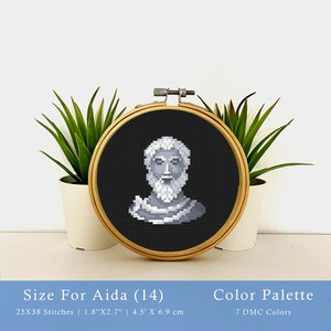 May include: A black and white cross-stitch pattern of a man's face in a hoop. The pattern is 25 stitches wide by 38 stitches high, and measures 1.8 inches by 2.7 inches. The pattern uses 7 DMC colors.